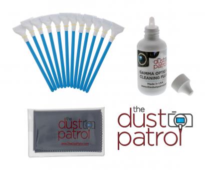The Dust Patrol Sensor Cleaning Kit w. 12x Alpha Swabs 20mm + Gamma Sensor Fluid + Micro Fiber Cloth 