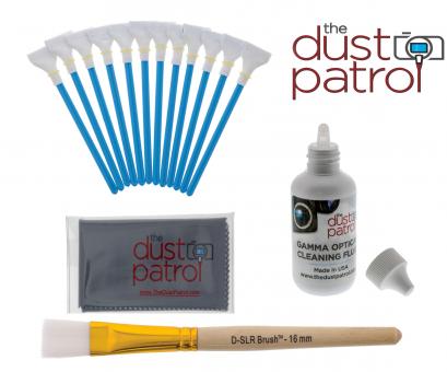The Dust Patrol Sensor Cleaning Kit w. 12x Alpha Swabs 20mm + Gamma Fluid + Micro Fiber Cloth + D-SLR-BRUSH 